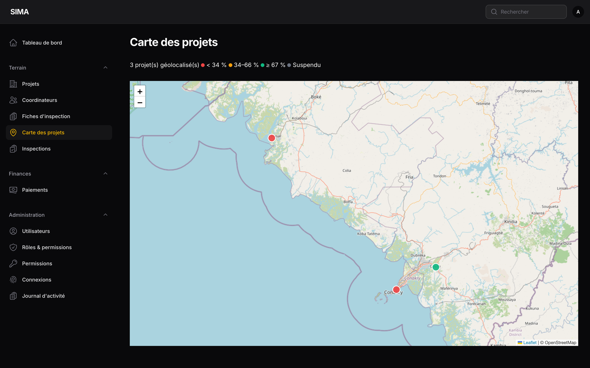 Carte des projets SIMA en Guinée